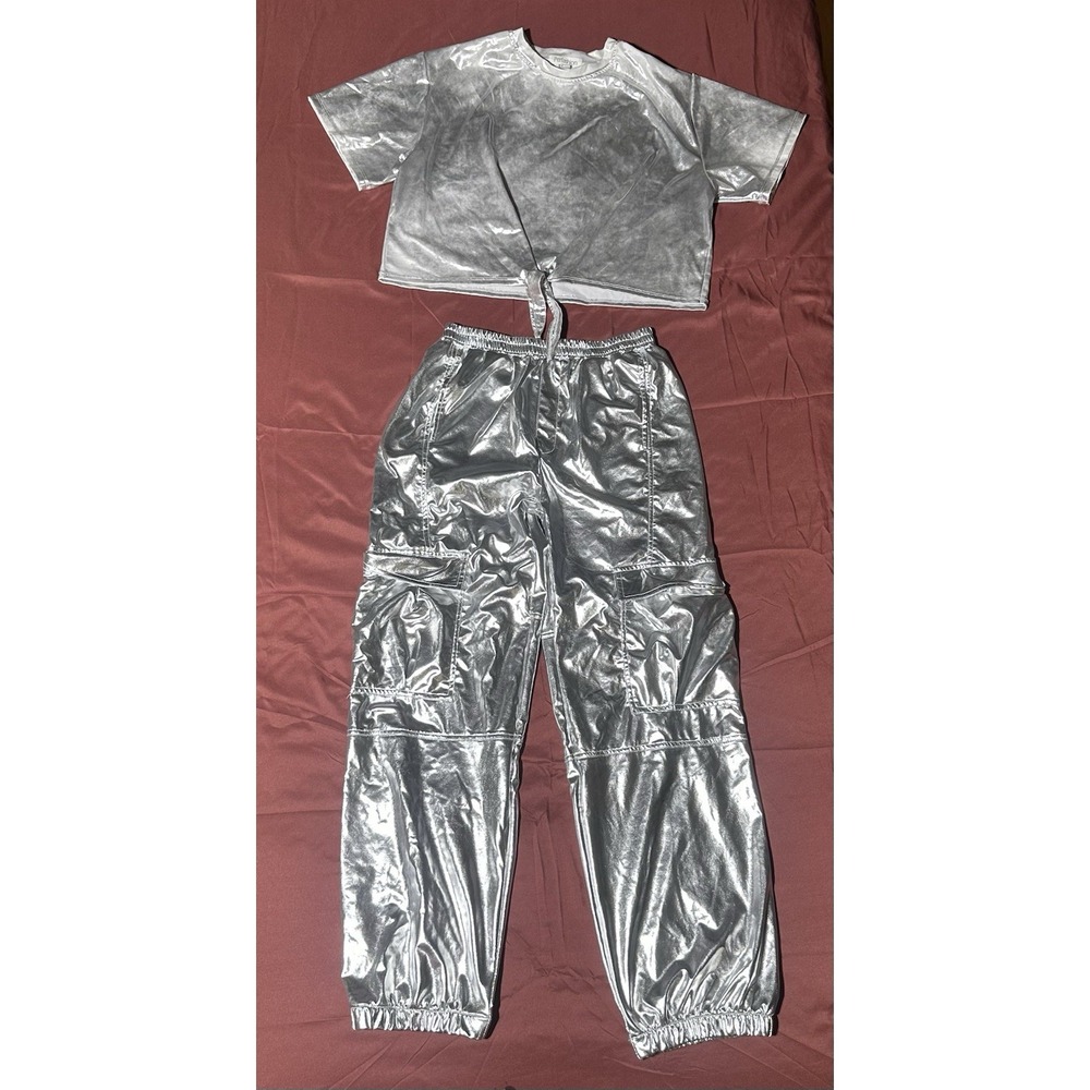 Y2K High Shine Metallic Front-Tie Crop Top and Cargo Pants Co-ord Set